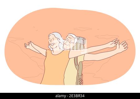Senior elderly couple living happy active lifestyle concept. Happy mature loving couple pensioners woman and man traveling with backpack and standing Stock Vector