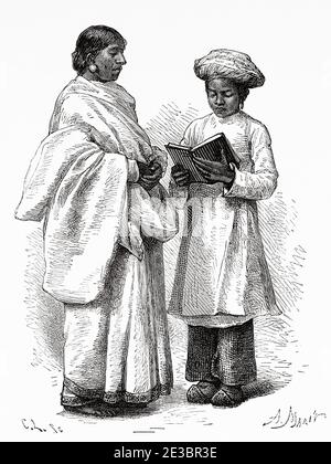 Portrait of Calcutta servants, India. Old engraving illustration Prince of Wales Albert Edward tour of India. El Mundo en la Mano 1878 Stock Photo