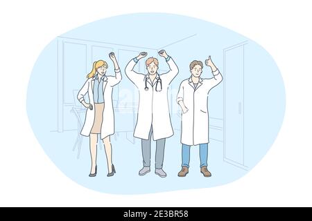 Medicine, doctors, achievement concept. Young men and woman doctors in white medical uniform standing and celebrating successful achievement with rais Stock Vector