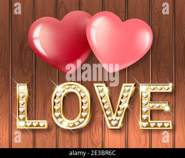 The word Love and two hearts together. White gold heart-shaped letters with sparkling diamonds. Valentine s Day banner. Greeting card. 3D realistic st Stock Vector