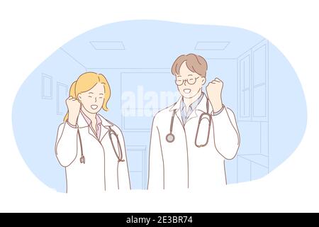 Medicine, doctors, achievement concept. Young smiling man and woman doctors in white medical uniform standing and celebrating successful achievement w Stock Vector