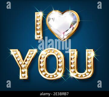 The word I love you. Heart shaped gold letters with sparkling diamonds. Valentine s Day banner. Greeting card declaration of love. 3D realistic style. Stock Vector