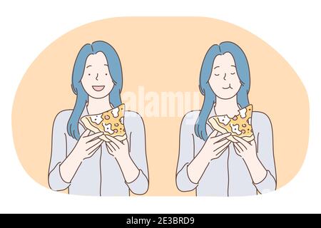 Unhealthy eating, fast and junk food, calories concept. Young happy girl cartoon character eating fast food slices of pizza at home or in cafe. Overwe Stock Vector