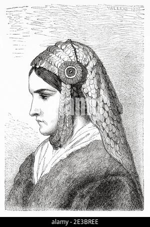 Settler woman, Bosnian military border, Bosnia. Europe, Old engraving illustration Trip land of southern Slavs by M. Perrot Stock Photo