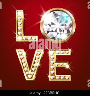 The word Love. Heart shaped gold letters with sparkling diamonds. Valentine s Day banner. Greeting card declaration of love. 3D realistic Stock Vector