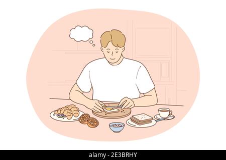 Healthy food, clean eating, nutrition concept. Young positive man cartoon thinking about benefits of healthy balanced breakfast at home with toasts an Stock Vector