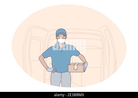 Contactless delivery, courier, online order concept. Young woman courier deliveryman in protective medical masks standing and holding order in box for Stock Vector