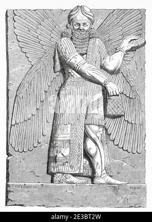 Stone relief carved panel of a Genius blessing. Dur Sharrukin, the palace of the Assyrian king Sargon II in Khorsabad. Old 19th century engraved illustration, Le Tour du Monde 1863 Stock Photo
