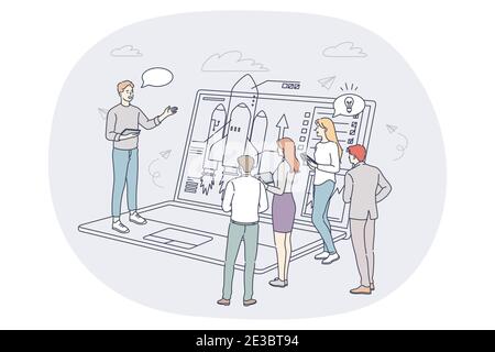 Finance, marketing data analytics, teamwork concept. People business partners workers cartoon characters analysing financial data and discussing devel Stock Vector