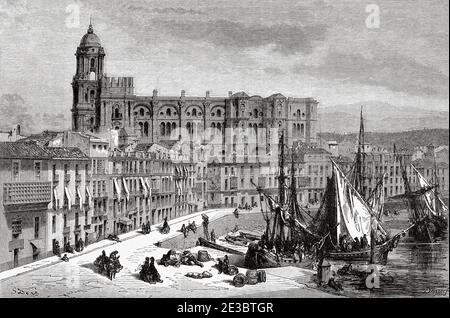 Panoramic landscape view Cathedral and fishing port of Malaga. Andalusia, Spain, Europe. Old 19th century engraved illustration, El Mundo en la Mano 1878 Stock Photo