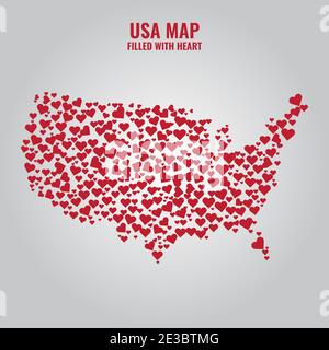 USA fulfilled with red hearts. Valentine and love for America. Solid and flat color vector illustration. Stock Vector