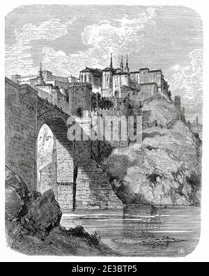 Bridge of San Martin and the city of Toledo. Castilla La Mancha. Spain, Europe. Old 19th century engraved illustration, El Mundo en la Mano 1878 Stock Photo