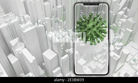 concept of detecting coronavirus in the city using smartphone. 3d rendering Stock Photo