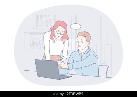 Teamwork, brainstorming, business communication about startup concept. Young man and woman coworkers or partners sitting with laptop in office and com Stock Vector