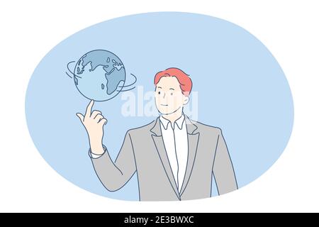 Occupation, teaching, job in school or university concept. Young man professional teacher of geography cartoon character standing spinning world globe Stock Vector