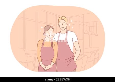 Work or part-time job for young people, occupation concept. Young smiling man and woman waiters cartoon characters in red aprons standing in restauran Stock Vector