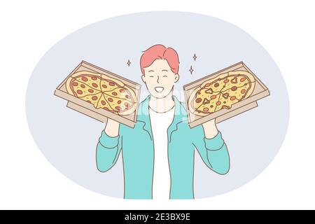 Working as deliveryman, job, career concept. Young smiling man professional courier or deliveryman holding fresh pizza for delivery to customer. Job, Stock Vector