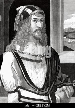 Self-portrait by Albrecht Durer (1471 - 1528) German painter, printmaker and theorist After his self portrait. Old 19th century engraved illustration, El Mundo Ilustrado 1880 Stock Photo