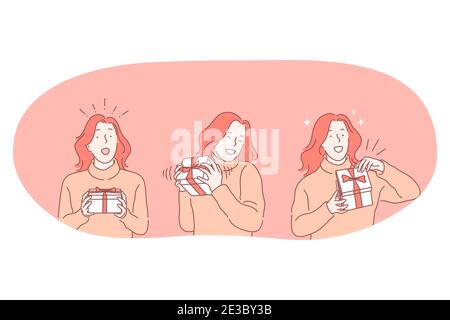 Birthday or Christmas present, surprise, holiday party concept. Happy young woman getting and unpacking birthday gift in box with festive ribbon. Surp Stock Vector