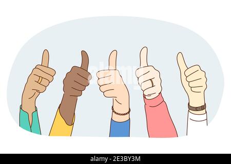 Thumbs up sign, Gesture hand language concept. Hands of mixed race people showing thumbs up luck positive sign with fingers. Teamwork, mutual support, Stock Vector