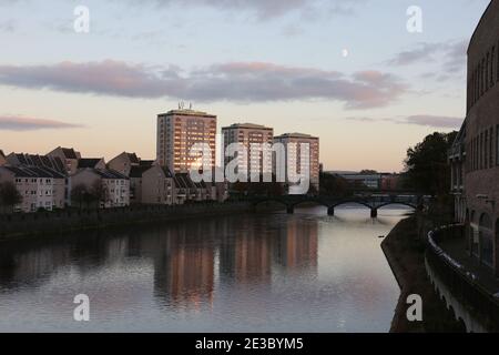 Ayr, Ayrshire, Scotland,UK. High rise flats reflected in the River Ayr Stock Photo