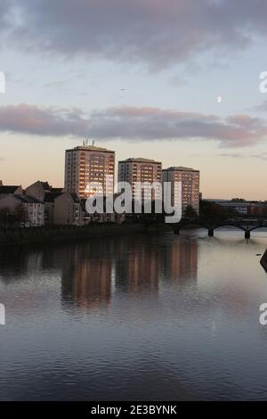 Ayr, Ayrshire, Scotland,UK. High rise flats reflected in the River Ayr Stock Photo