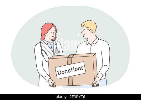 Donation, charity, humanitarian help concept. Young woman doctor and man volunteer cartoon characters standing and holding big box with donations in h Stock Vector
