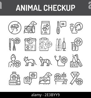 Animal checkup black line icons set. Isolated vector element. Outline pictograms for web page, mobile app, promo. Stock Vector