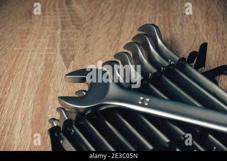 Many wrenches. Industrial background. Spanners. Set of wrench tool equipment. Set of wrenches in different sizes. Stock Photo