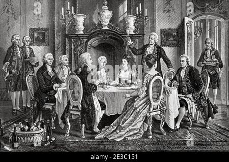 Banquet in honor Mozart (1756-1791). Haydn (1732-1809), Albrechtsberger (1736-1809), Salieri (1750-1825), Mrs. Cavalieri, Schikaneder, Mrs. Lange and Gluck (1714-1787). Old 19th century engraved illustration, El Mundo Ilustrado 1880 Stock Photo