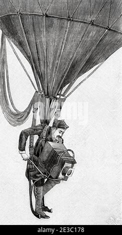 19th century aerial photography. Photographer hanging from a hot air balloon with his camera to take photographs. From La Ilustracion Española y Americana 1895 Stock Photo