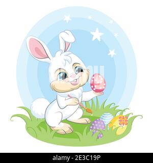 Cute white bunny character paints Easter egg. Colorful illustration isolated on white background. Cartoon character rabbit easter concept for print, t Stock Vector