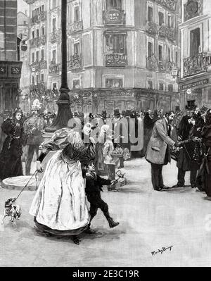 Social life at Easter in Cuatro Calles, Plaza de Canalejas de Madrid in the nineteenth century by Narciso Méndez Bringa (Madrid 1868 -1933) was a Spanish illustrator, draftsman and painter. Spain, Europe. From La Ilustracion Española y Americana 1895 Stock Photo