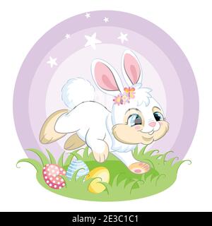 Cute white bunny running on spring grass with Easter eggs. Colorful illustration isolated on white background. Cartoon character rabbit easter concept Stock Vector