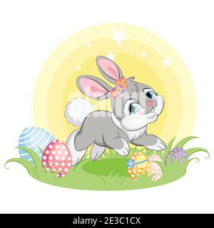 Cute gray bunny running on spring grass with Easter eggs. Colorful illustration isolated on white background. Cartoon character rabbit easter concept Stock Vector