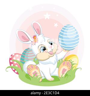 Cute white bunny looking at the Easter egg. Colorful illustration isolated on white background. Cartoon character rabbit easter concept for print, t-s Stock Vector