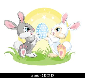 Cute white and gray bunnies looking at the Easter egg. Colorful illustration isolated on white background. Cartoon character rabbit easter concept for Stock Vector