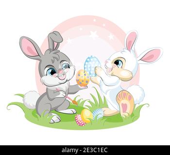 Cute white and gray bunnies paints Easter eggs. Colorful illustration isolated on white background. Cartoon character rabbit easter concept for print, Stock Vector