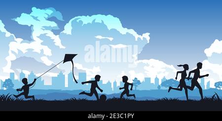 Silhouette of activities of people in park boy play kite,children playing football and couple running Stock Vector