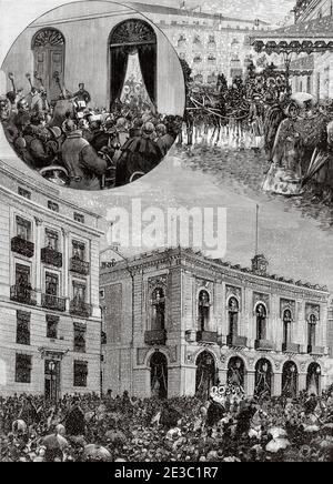Burial ceremony of the Spanish lyrical singer Julian Gayarre (1844-1890) National School of Music and Declamation, Plaza Oriente in Madrid, Spain. Old XIX century engraved illustration from La Ilustracion Española y Americana 1890 Stock Photo