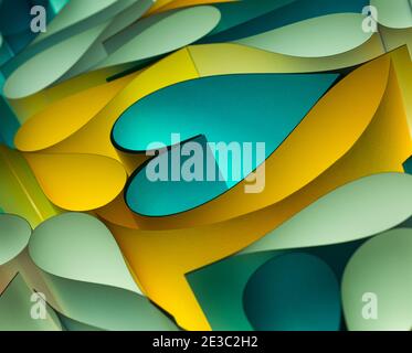 Abstract image of colorful paper work with blue hearth surrounded by yellow shapes  ideal for valentines day card or all love invitation. Stock Photo
