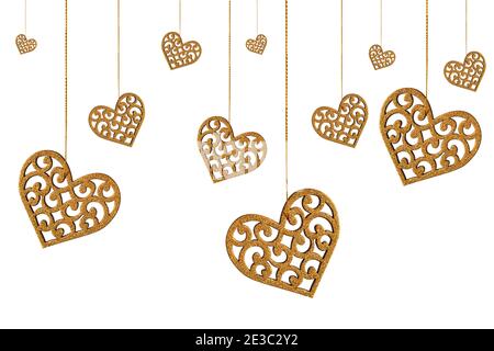 Seamless pattern with isolated yellow hearts with openwork cutout on a white background. Valentine's day or wedding concept. Stock Photo