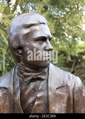 Close up on face bronze statue of Darwin famous biologist and naturalist and father of evolutionary biology, Christs Collage Cambridge Stock Photo