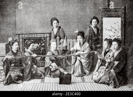 Old photograph. Japanese customs and traditions, Geishas playing the shamisen, Tokyo. Japan. Old XIX century engraved illustration from La Ilustracion Española y Americana 1894 Stock Photo