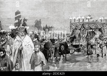 Funeral procession of Tsar Alexander III (1845-1894) Emperor of Russia, heading towards Saints Peter and Paul Cathedral, Saint Petersburg, Russia. Old XIX century engraved illustration from La Ilustracion Española y Americana 1894 Stock Photo