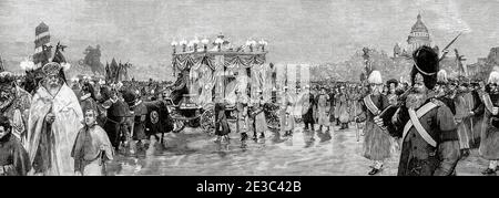 Funeral procession of Tsar Alexander III (1845-1894) Emperor of Russia, heading towards Saints Peter and Paul Cathedral, Saint Petersburg, Russia. Old XIX century engraved illustration from La Ilustracion Española y Americana 1894 Stock Photo