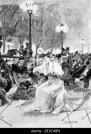 Madrid in parties at the end of the 19th century. People having fun on Paseo del Prado in 1894, drawing by Narciso Méndez Bringa (Madrid 1868 - 1933) was a Spanish illustrator, draftsman and painter. Spain. Old XIX century engraved illustration from La Ilustracion Española y Americana 1894 Stock Photo