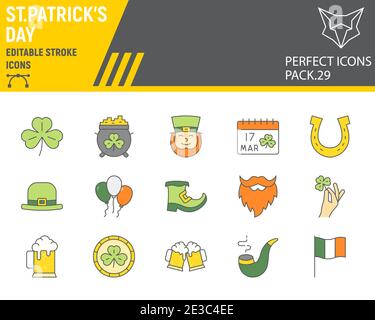 St. Patricks Day color line icon set, holiday collection, vector graphics, logo illustrations, St. Patricks Day vector icons, celebration signs Stock Vector