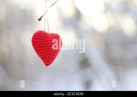 Valentine heart in winter forest against the sun. Red knitted heart hanging on a branch, symbol of romantic love, background for snow holiday Stock Photo