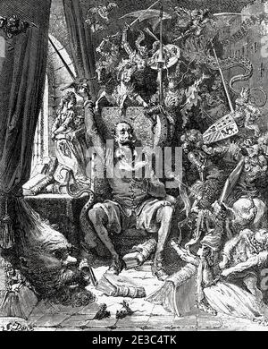 Don Quixote amongst his books in his library. Don Quixote by Miguel de Cervantes Saavedra. Old XIX century engraving illustration by Gustave Dore Stock Photo